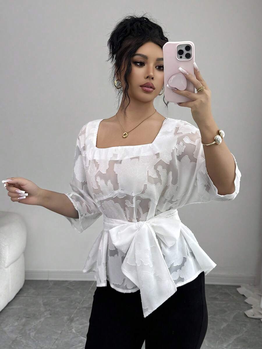 SHEIN Clasi Women's Elegant Cutout Mesh Loose Waist Square Collar Cinched Waist White Short Sleeve Blouse, Versatile For Daily, Commute, Date - White - View 1