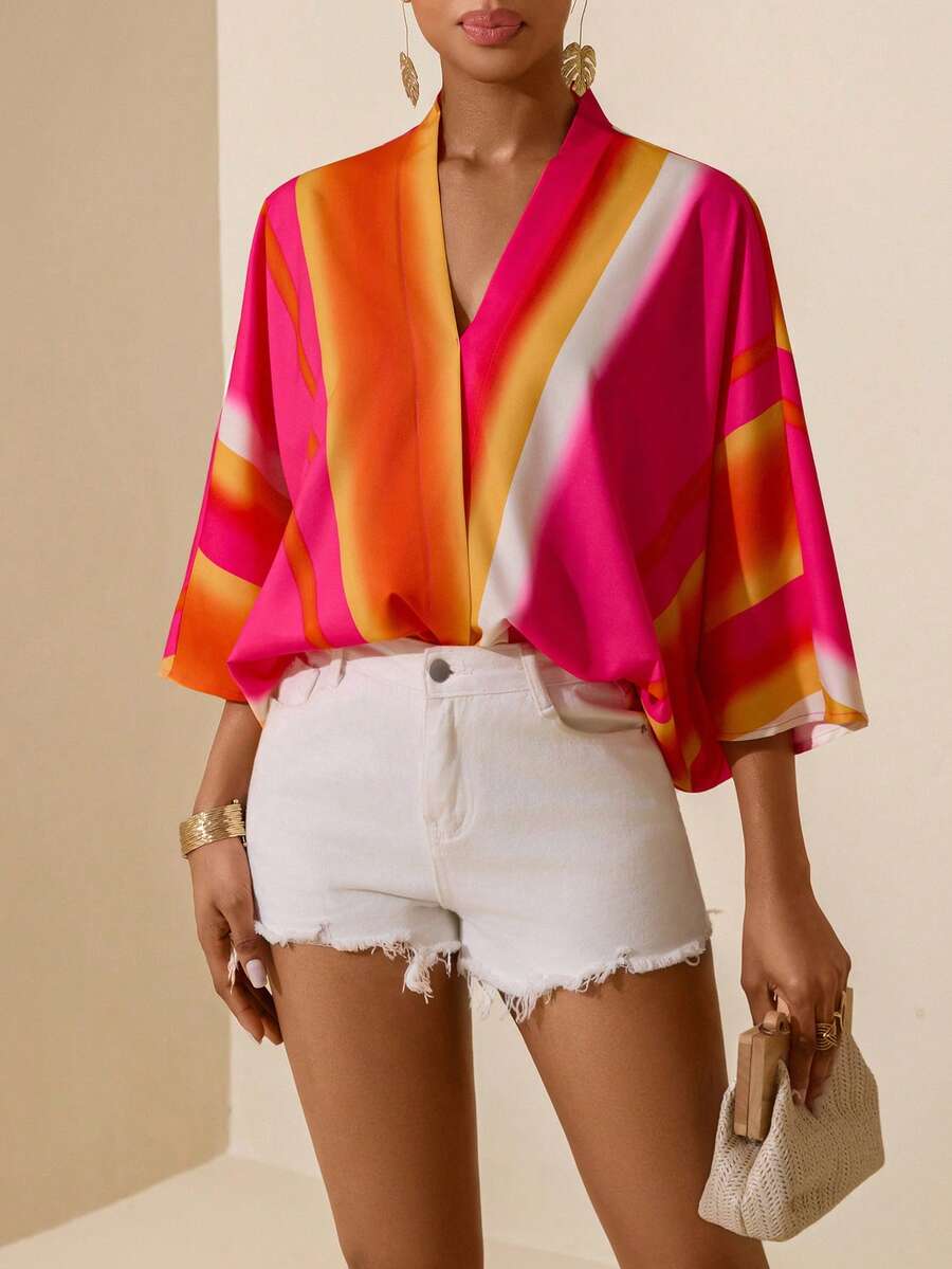 Vesra Áo sơ mi nữ cổ chữ V dáng rộng tay cánh dơi kẻ sọc - Nhiều màu - Xem 1