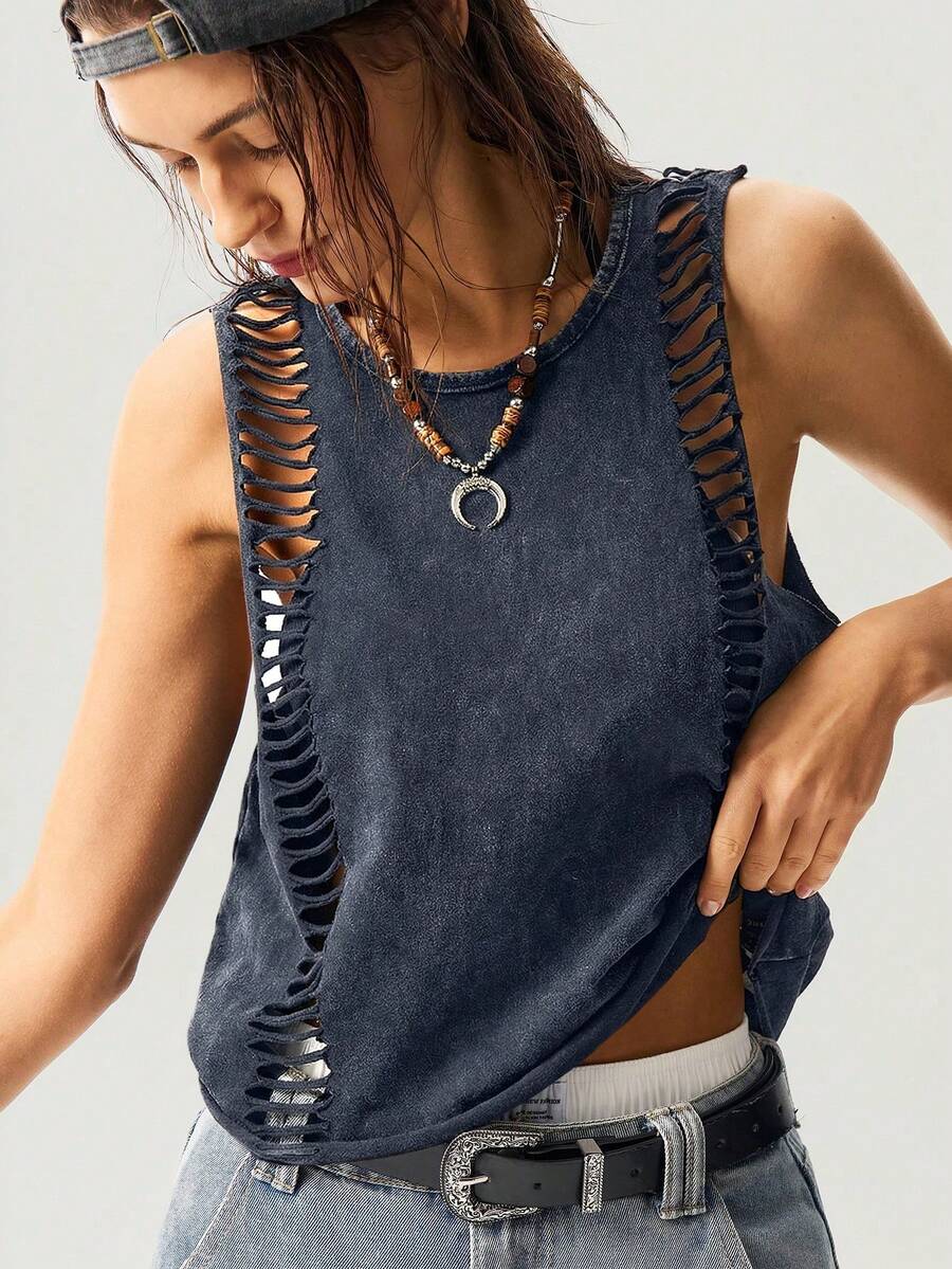Bohemela Solid Color Knit Cropped Washed Women Tank Top,Summer Top - Navy Blue - View 1