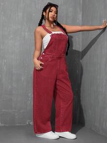 SHEIN ICON 大码纯色宽松无袖方领百搭牛仔连体裤，夏季 - 玫紅色 - 查看 3