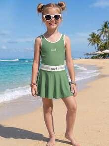 Tween Girl Summer Vacation Beach Letter Graphic One-Piece Swimsuit And Cover-Up Skirt Set - Army Green - View 6