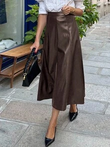 Pariaura 女士黑色PU皮革拉链A字裙，适合万圣节派对、婚礼宾客等场合，优雅时尚，适合冬季外出、秋季圣诞节等各种场合，尽显优雅气质。 - 棕色 - 查看 5