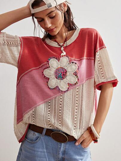 Bohemela Camiseta de manga corta holgada de cuello redondo de punto parche casual para mujer