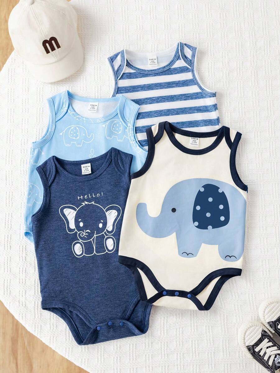 SHEIN Conjunto de 4 piezas de pelele sin mangas con estampado de elefante para bebé recién nacido unisex niño/niña, ropa de bebé para primavera/verano - Azul - Ver 1