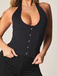 MISSGUIDED Women's Halter Neck Corset Top With Button Front Closure And Deep V Neckline For Evening - Black - View 5