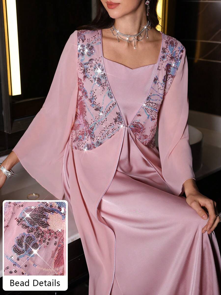 Layrah Elegante vestido de cuello cuadrado con bordado de cuentas y mangas acampanadas 2 en 1, para primavera/verano - Rosa - Ver 1