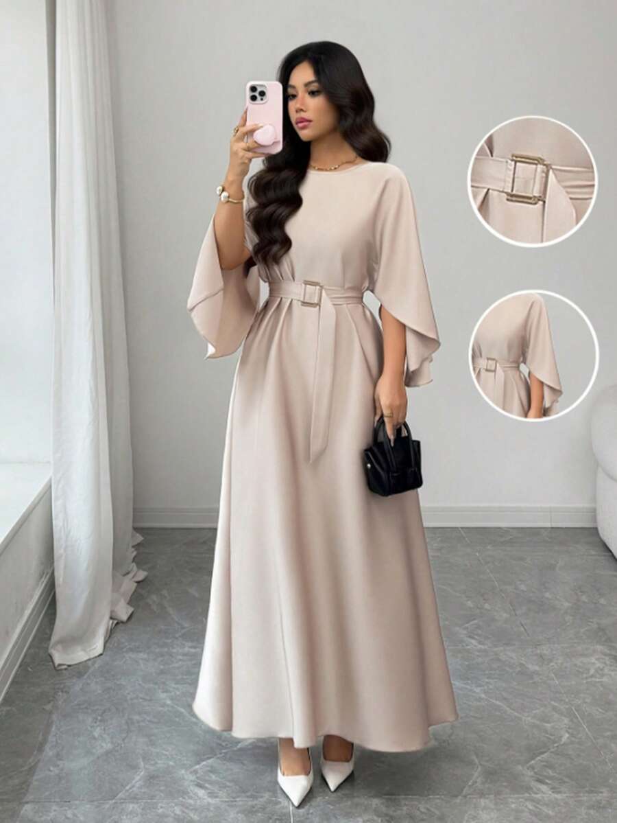 SHEIN Raffinéa 女士优雅收腰连衣裙，蝙蝠袖设计，卡其色，适合通勤、外出和约会，春夏款 - 卡其色 - 查看 1