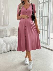 SHEIN 孕妇优雅V领短袖A字型纽扣装饰连衣裙 - 粉色 - 查看 5