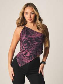 MISSGUIDED 单肩不对称豹纹上衣，紫色调点缀，褶皱细节设计，尽显秋季时尚风范 - 彩色 - 查看 1