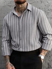 Manfinity Homme 男士復古棕色與白色條紋休閒長袖襯衫，秋季男士灰色正裝襯衫，正式 - 灰色 - 查看 7