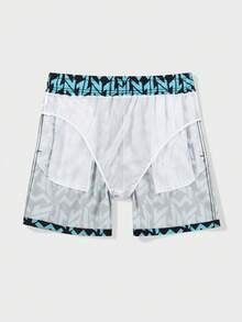 Manfinity Swimmode 男士弹力腰带抽绳休闲印花宽松沙滩裤 - 黑色 - 查看 4