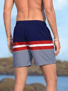 Manfinity Swimmode Men Loose Striped Beach Shorts In Vacation Style Milk Silk Lining - Red and White - View 2