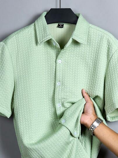 Manfinity CasualCool 男士纯色短袖前开襟休闲纹理面料夏季百搭衬衫