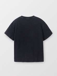 Tween Boy Letter Print Washed Vintage Short Sleeve T-Shirt,Navy Blue,Summer,Casual,School,Back-To-School,Comfortable Fashionable Versatile Soft Kids - Black - View 3