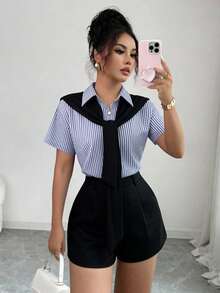 Franclia French-Style Casual Chic, Versatile Blue And White Striped Two-Piece Suit With A Shawl And Black Blazer Shorts. Preppy Style, Spring/Summer Wear, Summer Outfit, Elegant Suit, Women's Casual Wear, Women's Holiday Wear. - Blue and White - View 5
