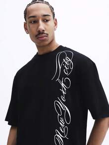 SUMWON 男士宽松印花短袖T恤，黑色休闲纯棉材质，日常街头风。 - 黑色 - 查看 5