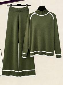 Pariaura 2pcs Women Set, Regular Raglan White And Striped Trim Sweater - Army Green - View 3