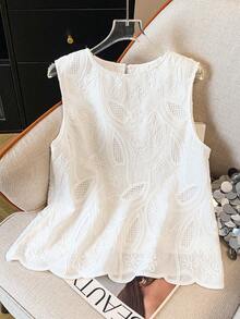 GlowEve White Embroidered Shell Trim Sleeveless Blouse For Women, Vacation - White - View 1