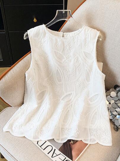 GlowEve White Embroidered Shell Trim Sleeveless Blouse For Women, Vacation
