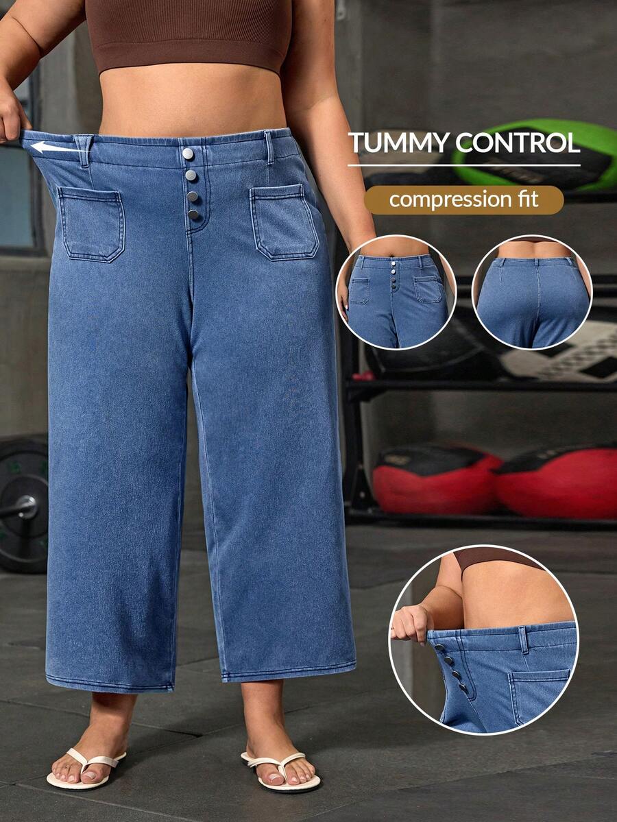 Flexra Quần jeans ống rộng cạp cao có cúc và túi dành cho nữ cỡ lớn, kiểu dáng thường ngày. - Rửa trung bình - Xem 1