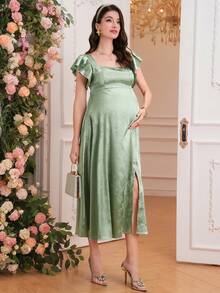 Momance D 孕妇连衣裙，方领，荷叶袖，绿色纹理面料，春夏款 - 綠色 - 查看 7