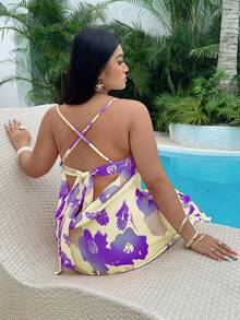 Sunnyshic Plus Size Women Floral Print Backless Criss-Cross Design Fashion Spaghetti Strap Dress - Yellow - View 2
