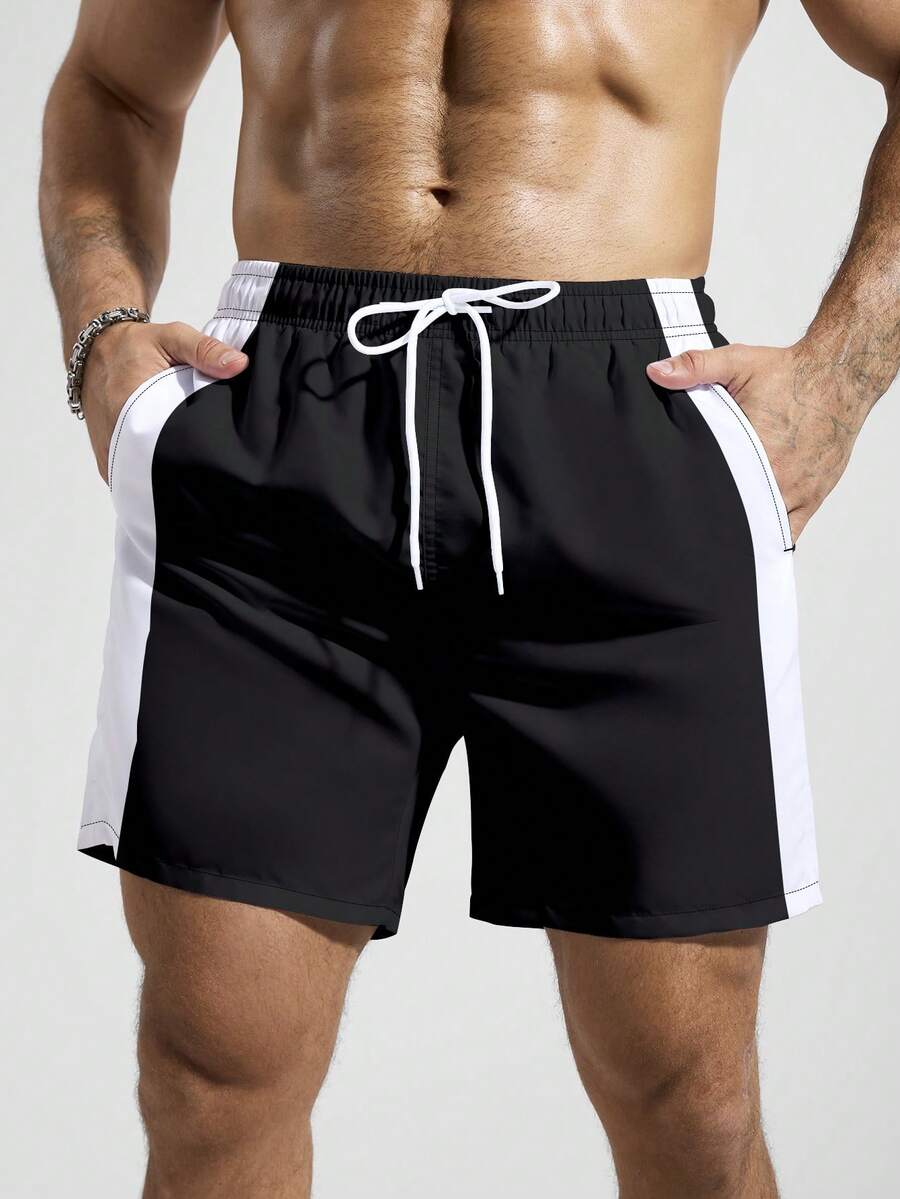 Zalmeno 男士撞色斜插口袋抽绳腰休闲沙滩短裤黑白泳裤男士泳装男士沙滩装黑白短裤男士加大码男士沙滩短裤 - 黑色 - 查看 1
