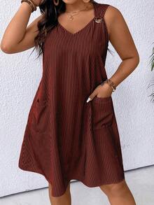 EMERY ROSE Plus Size Summer Casual Striped Dual Pocket Sleeveless Dress - Burgundy - View 4