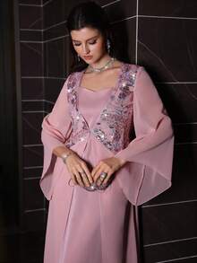 Layrah Elegante vestido de cuello cuadrado con bordado de cuentas y mangas acampanadas 2 en 1, para primavera/verano - Rosa - Ver 4