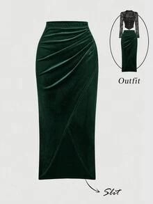 SHEIN MOD 女士不对称下摆丝绒迷你裙，冬季服装，晚宴裙，感恩节服装，优雅半裙，晚宴裙，时尚婚礼裙，红色半裙，毕业典礼，派对，秋季，女士秋季服装，女士冬季服装 - 墨綠色 - 查看 1