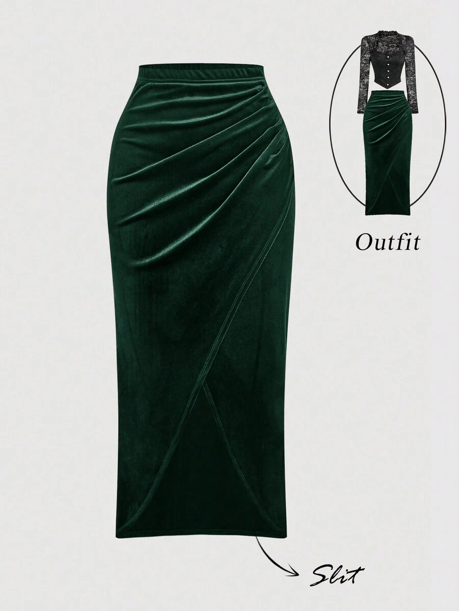 SHEIN MOD 女士不对称下摆丝绒迷你裙，冬季服装，晚宴裙，感恩节服装，优雅半裙，晚宴裙，时尚婚礼裙，红色半裙，毕业典礼，派对，秋季，女士秋季服装，女士冬季服装 - 墨綠色 - 查看 1
