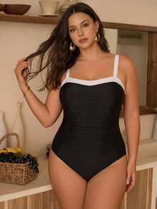 Swim Chiccia Plus Size Black & White Contrast Color Wide Strap Bandeau Style Side Ruched Minimalist Chic Beach Vacation One-Piece Swimsuit For Women - Black and White - View 5