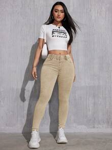 EMERY ROSE 优雅休闲百搭修身高腰黑色梭织女式牛仔裤，四季皆宜 - 卡其色 - 查看 6