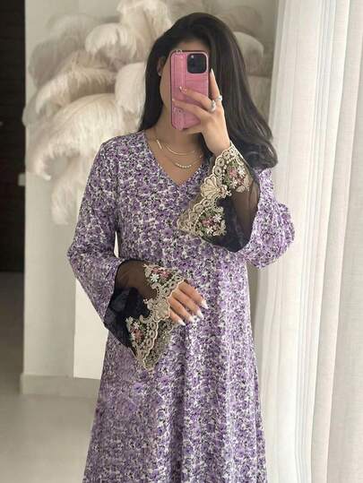 Yasmyna Women's Purple Woven Elegant Loose Floral Print & Embroidery Mesh Patchwork Romantic Dress, Spring/Summer