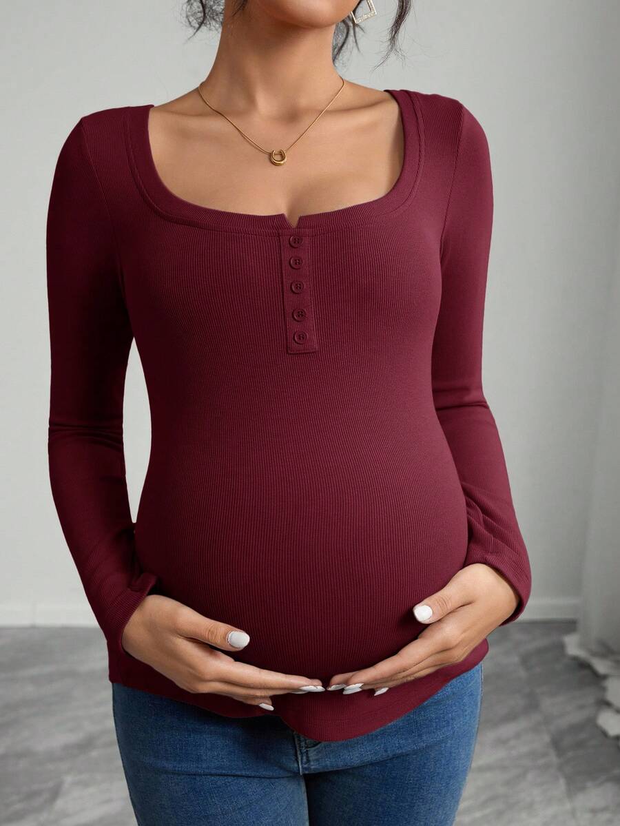 SHEIN Maternity Solid Color Square Neck Long Sleeve Fitted Henley T-Shirt - Burgundy - View 1