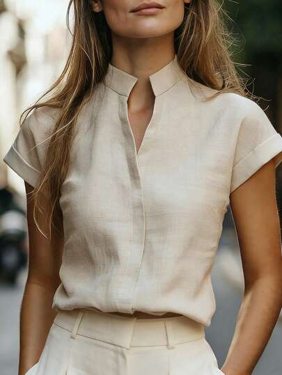 Balvessa Women's Short Sleeve Stand Collar Linen-Like Shirt, Versatile And Slimming