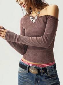 Bohemela Áo thun nữ tay ngắn dệt kim màu trơn, kiểu dáng bất đối xứng, vai lệch, phong cách thường ngày. - Đỏ - Xem 3