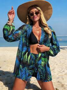 Swim Lushoire 女士春夏沙滩套装，热带树叶印花长袖和服罩衫搭配束腰短裤 - 黑色 - 查看 5