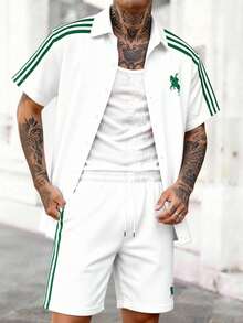 Manfinity Homme Bộ đồ nam mùa hè kiểu dáng thường ngày kẻ sọc phối màu, tay ngắn, cài cúc phía trước, gồm áo sơ mi và quần. - Nhiều màu - Xem 4