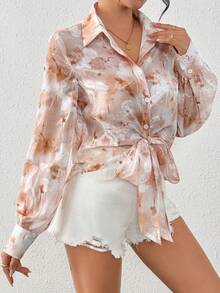 Rafferiza Áo kiểu tay dài bằng vải chiffon in họa tiết, khoét eo, đính đá lấp lánh, buộc dây ở gấu áo. - Nhiều màu - Xem 6