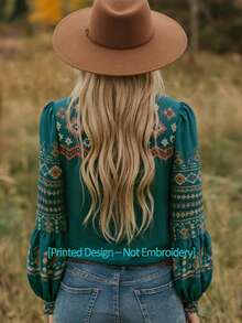 SHEIN LUNE 女士时尚西式刺绣V领长袖衬衫 - 墨綠色 - 查看 2