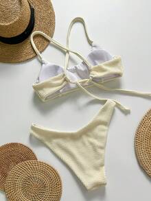 Swim Vcay Women's Jacquard Fabric Spaghetti Strap Criss-Cross Back Bikini Set, Spring/Summer - Beige - View 3