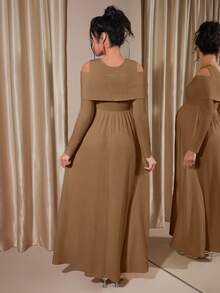 Momance Vestido midi de línea A de punto acanalado con botones y mangas raglán para maternidad, primavera/otoño - Café - Ver 2