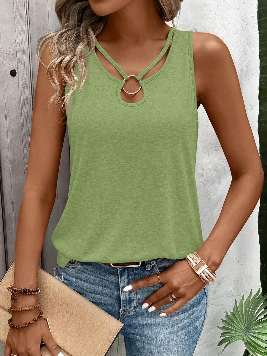 EMERY ROSE 女士纯色环扣休闲百搭背心 女士背心 夏季绿色上衣 女士绿色夏季上衣 休闲背心 女士绿色背心 夏季背心 女士镂空上衣 女士休闲上衣 女士夏季背心 女士服装 女士休闲上衣 优雅 - 綠色 - 查看 1