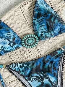 Swim SXY Conjunto de bikini de mujer con estampado de leopardo digital, floral, con cuentas y flecos, sexy y de alta gama, para primavera/verano/otoño - Multicolor - Ver 9