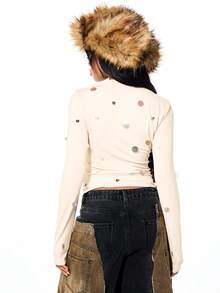 SUMWON WOMEN Long Sleeve Polka Dot Crop Top With Tie Detail And Ruching For Fall Winter Layering - Apricot - View 2