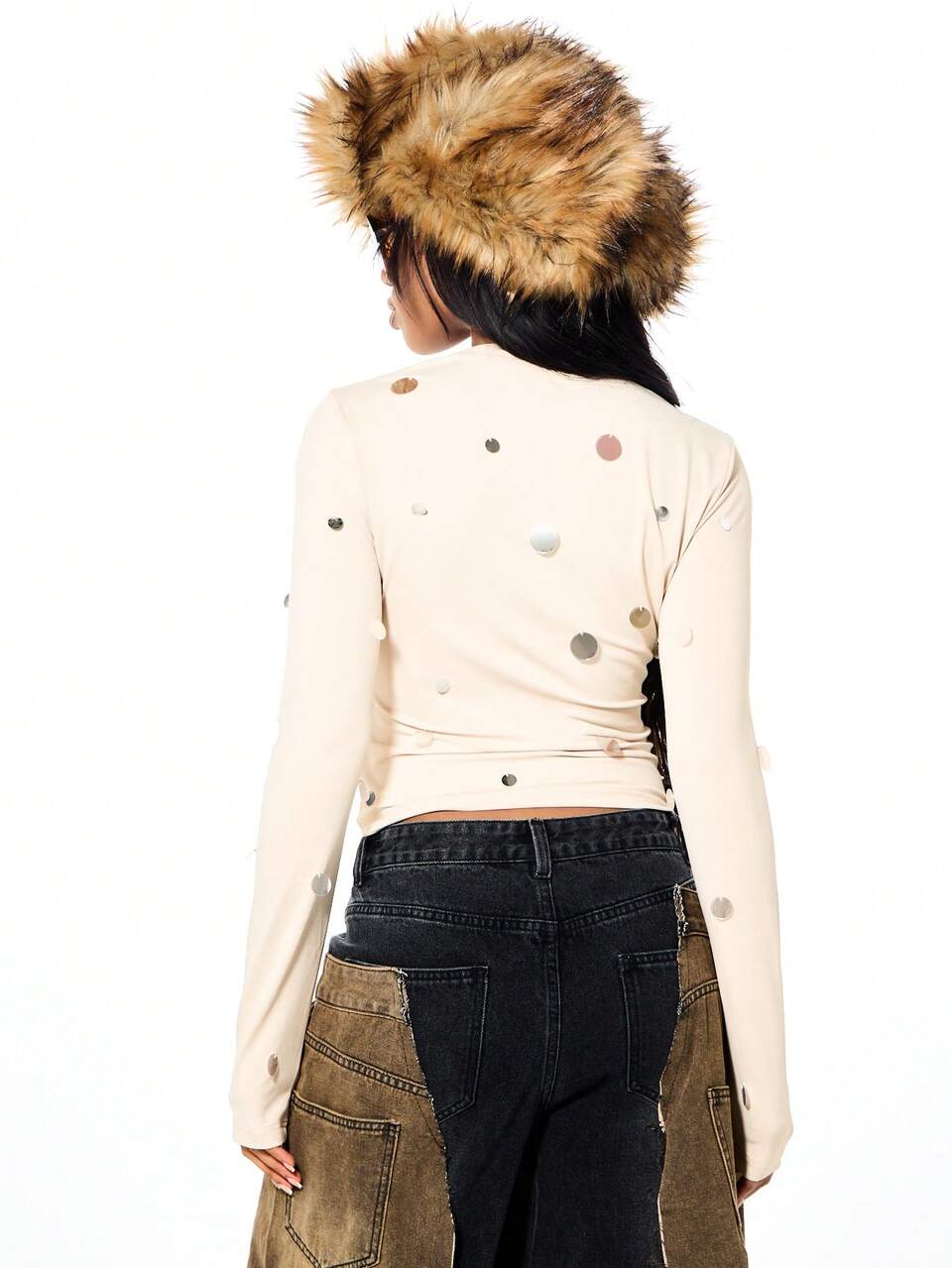 SUMWON WOMEN Langärmliges, gepunktetes Crop-Top mit Bindeband