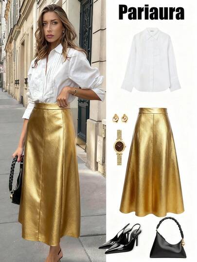 Pariaura 女士金色皮革拉链A字裙，适合万圣节派对、婚礼宾客等场合，优雅百搭，冬季外出穿着，适合秋冬季节、圣诞节等各种场合，时尚别致，休闲百搭，棕色系，适合圣诞节、万圣节等各种场合。