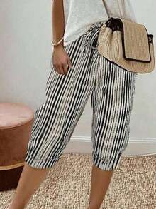 INAWLY Women's Summer Trousers 2026 Fashionable Two-Tone Vertical Striped High-Waisted Casual Loose Slouchy Style Laced - Black - View 3