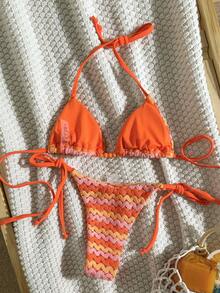 Swim Mod Women's Jacquard Fabric Halter Bikini Set, Spring/Summer - Multicolor - View 3